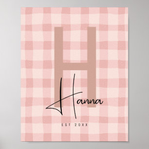 Rosa Gingham Barn Namn Initialer Poster