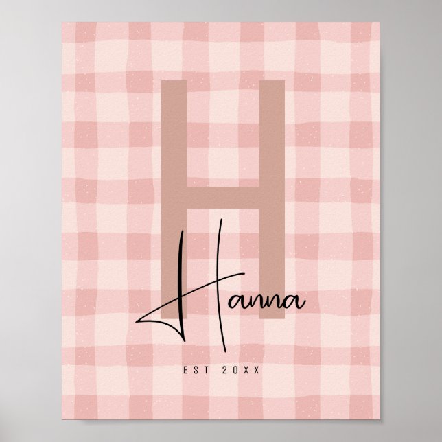 Rosa Gingham Barn Namn Initialer Poster (Framsidan)