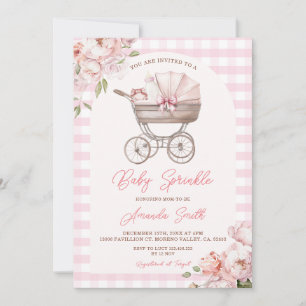 Rosa Gingham Barnvagn Blommig Flickbaby Babyfirand Inbjudningar