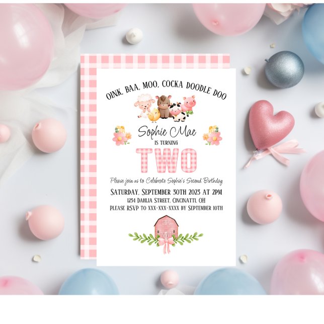 Rosa Gingham Barnyard, andra födelsedagsinbjudan Inbjudningar (Skapare uppladdad)