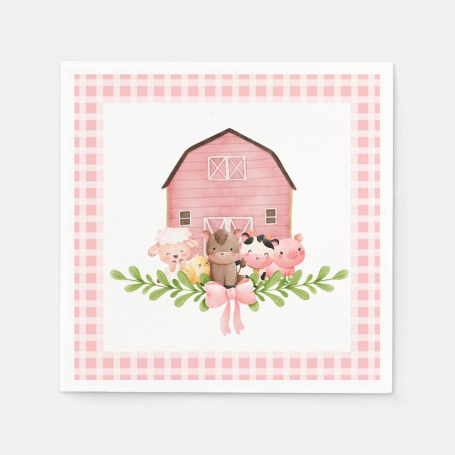 Rosa Gingham Barnyard Birthday Papper Napkins Pappersservett (Framsidan)