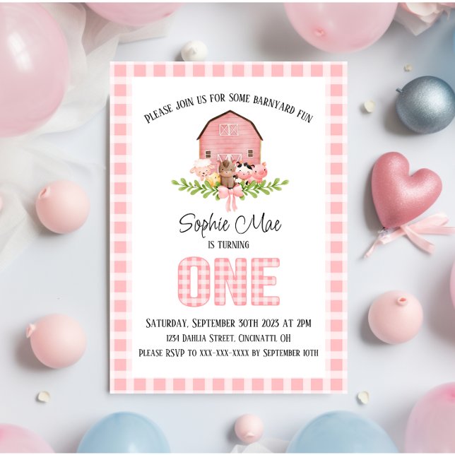 Rosa Gingham Barnyard Första födelsedagsinbjudan Inbjudningar (Skapare uppladdad)