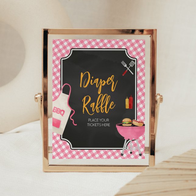 Rosa Gingham BBQ Baby Shower Diaper Raffle Poster (Girl Baby-Q Baby Shower Diaper Raffle Sign)
