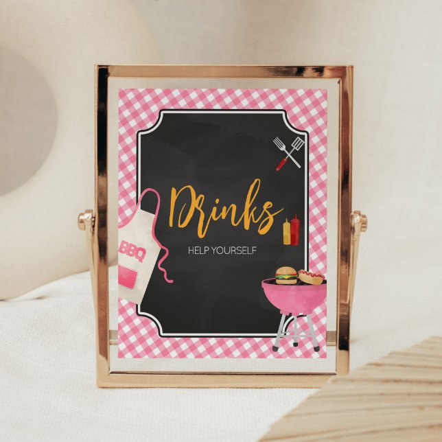 Rosa Gingham BBQ Baby Shower Drinks Sign Poster (Girl Baby-Q Baby Shower Drinks Sign)