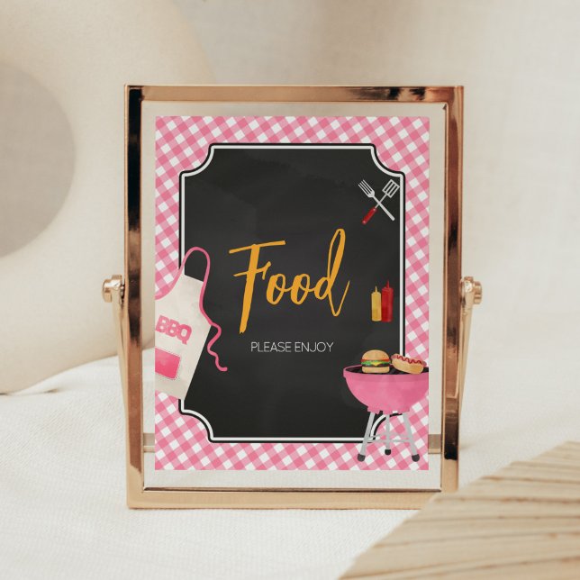 Rosa Gingham BBQ Baby Shower Food Poster (Girl Baby-Q Baby Shower Food Sign)