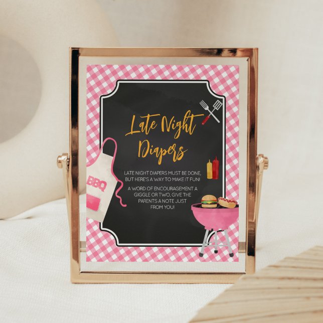 Rosa Gingham BBQ Baby Shower Late Night Diables Poster (Girl Baby-Q Baby Shower Late Night Diapers Sign)