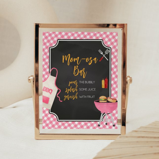 Rosa Gingham BBQ Baby Shower Mamma Osa Pub Poster (Girl Baby-Q Baby Shower Mom Osa Bar Sign)