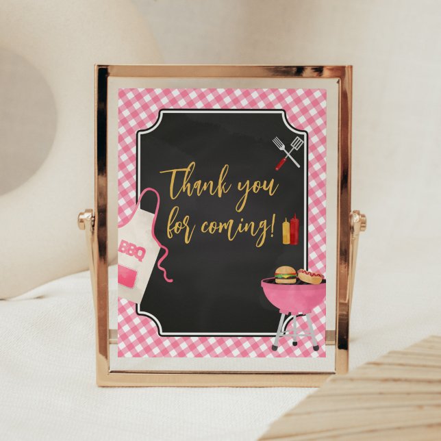Rosa Gingham BBQ Baby Shower Tack för att du kom Poster (Girl Baby-Q Baby Shower thank you for Coming Sign)
