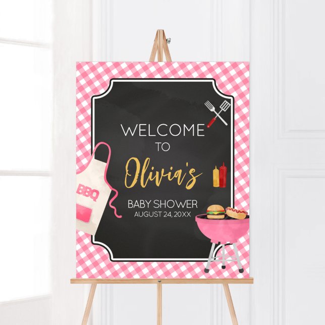 Rosa Gingham BBQ Baby Shower Välkommen Poster (Girl Baby-Q Baby Shower Welcome Sign)