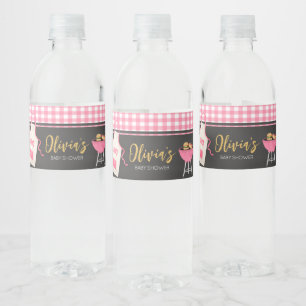 Rosa Gingham BBQ Baby Shower Vattenflaskor Etikett