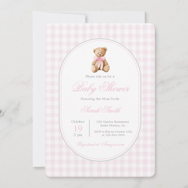 Rosa Gingham Bear Baby Shower Girl Inbjudningar (Framsida)