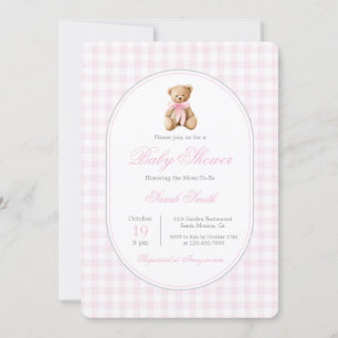Rosa Gingham Bear Baby Shower Girl Inbjudningar