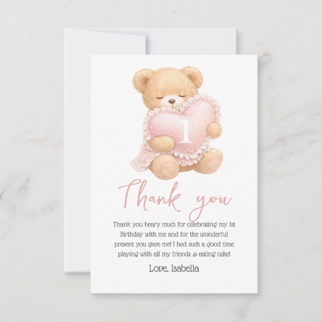 Rosa Gingham Bear-y 1-års födelsedagsflicka Kort (Framsida)