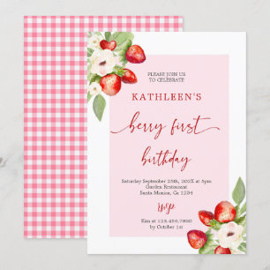 Rosa Gingham Berry First Birthday Girl Inbjudningar
