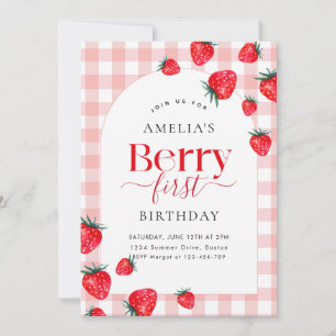 Rosa Gingham Berry First Birthday Strawberry Girl Inbjudningar
