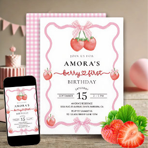 Rosa Gingham Berry First Födelsedagsfest Inbjudningar