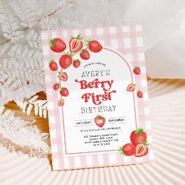 Rosa Gingham Berry First Strawberry 1:a födelsedag Inbjudningar