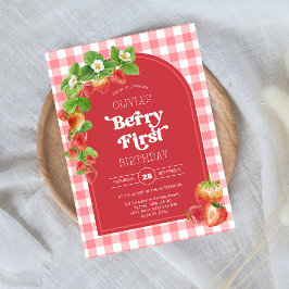 Rosa Gingham Berry First Strawberry 1:a födelsedag Inbjudningar