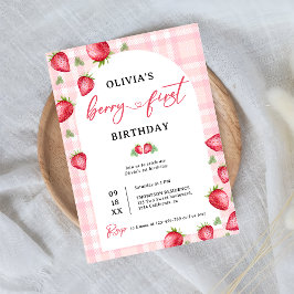 Rosa Gingham Berry First Strawberry 1:a födelsedag Inbjudningar