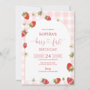 Rosa Gingham Berry Första Födelsedag 1:a Födelseda Inbjudningar
