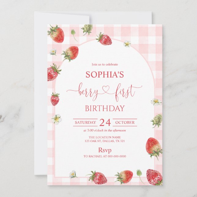 Rosa Gingham Berry Första Födelsedag 1:a Födelseda Inbjudningar (Framsida)