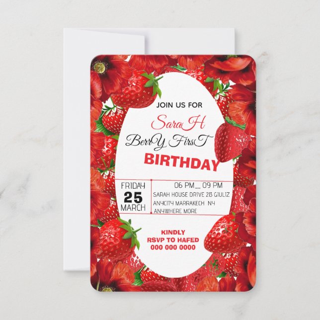 Rosa Gingham Berry Första Födelsedagsinbjudan Mall (Framsida)