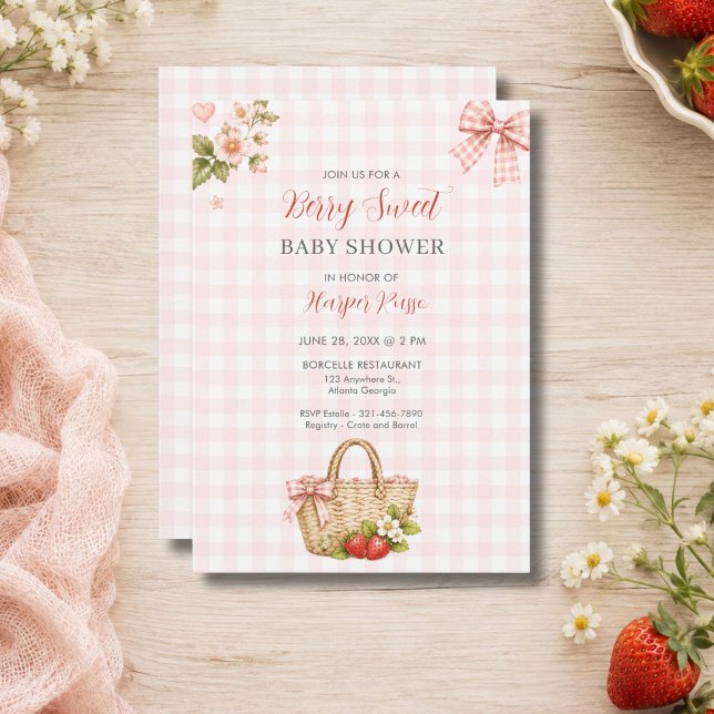 Rosa Gingham Berry Söt Bebis Shower Inbjudningar (Pink Gingham Berry Sweet Baby Shower Invitation)