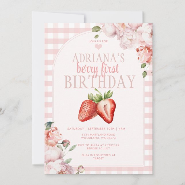  Rosa Gingham Berry Sweet Birthday Inbjudningar (Framsida)