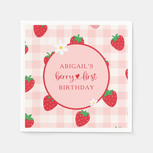 Rosa Gingham Berry Sweet Birthday Napkin Pappersservett (Framsidan)