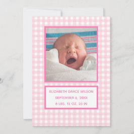 Rosa Gingham Birth Announcement Card Meddelande