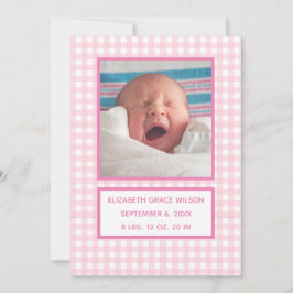 Rosa Gingham Birth Announcement Card Meddelande