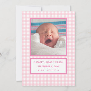 Rosa Gingham Birth Announcement Card Meddelande