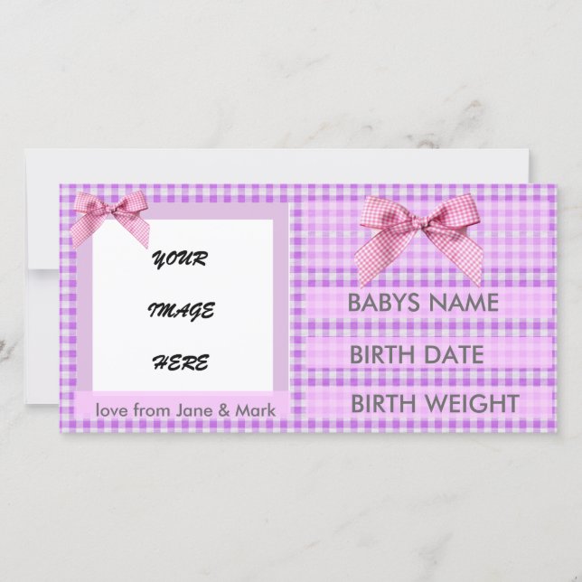 ROSA GINGHAM BIRTH ANNOUNCEMENT MEDDELANDE (Framsida)