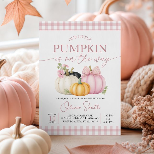 Rosa Gingham Blommig Pumpa Bebis Shower Inbjudan (Skapare uppladdad)