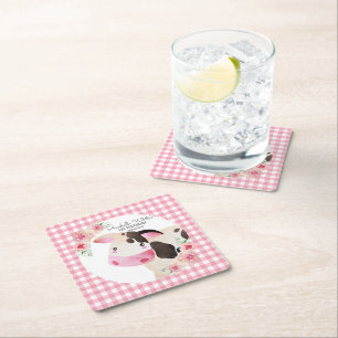 Rosa Gingham Blommigt Cow Farm Animal Underlägg Papper Kvadrat
