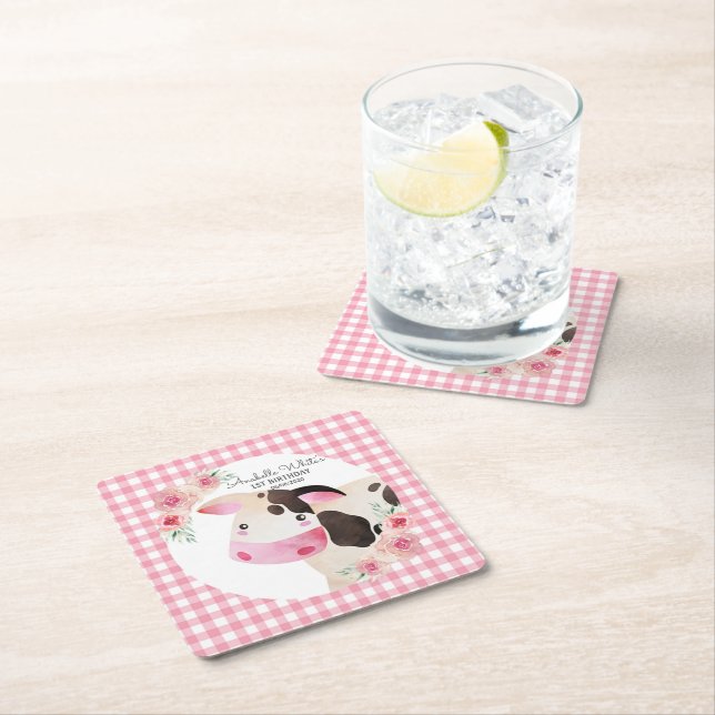 Rosa Gingham Blommigt Cow Farm Animal Underlägg Papper Kvadrat (Insitu)