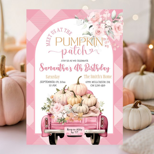 Rosa Gingham Blommigt Fall Pumpkin Patch Birthday Inbjudningar (Skapare uppladdad)