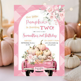 Rosa Gingham Blommigt Fall Pumpkin Theme Birthday Inbjudningar