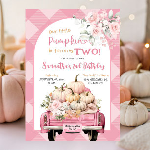 Rosa Gingham Blommigt Fall Pumpkin Theme Birthday Inbjudningar