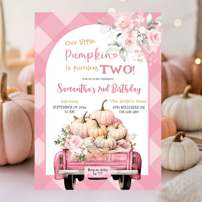 Rosa Gingham Blommigt Fall Pumpkin Theme Birthday Inbjudningar (Skapare uppladdad)