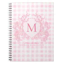  Rosa Gingham Blommigt Vapensköld Monogram Anteckningsbok