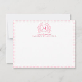 Rosa Gingham Blommigt Vapensköld Monogram Anteckningskort