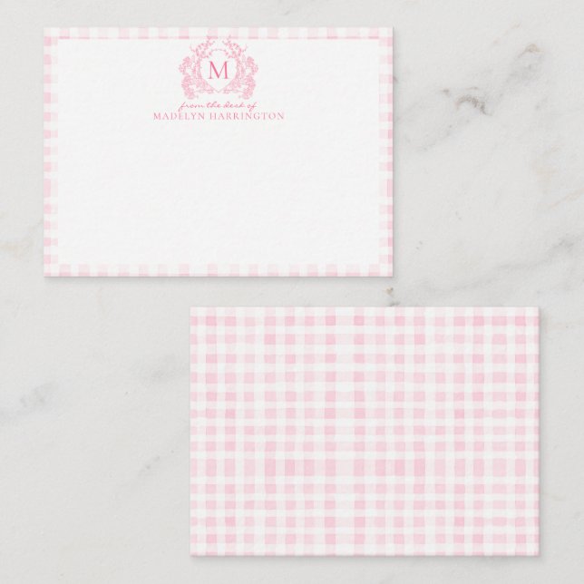  Rosa Gingham Blommigt Vapensköld Monogram Anteckningskort (Fram/baksida)
