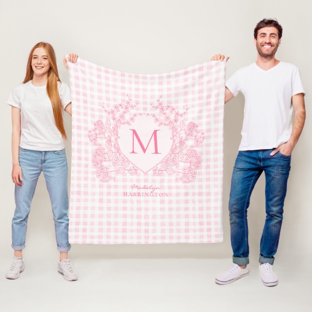  Rosa Gingham Blommigt Vapensköld Monogram Fleecefilt (På plats)