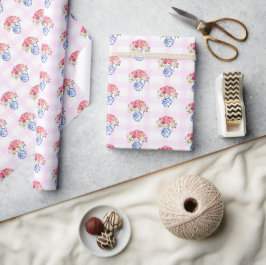 Rosa Gingham Blue Blommigt Chinoisserie Presentpapper
