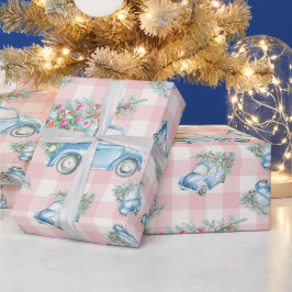 Rosa Gingham Blue jul Vintage bil Presentpapper