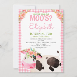 Rosa Gingham Boskap Girl Birthday Barnyard Inbjudningar