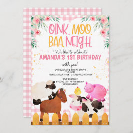 Rosa Gingham Boskap Girl Birthday Barnyard Inbjudningar