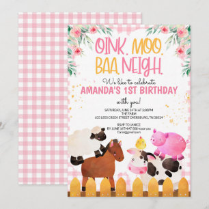 Rosa Gingham Boskap Girl Birthday Barnyard Inbjudningar