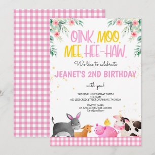 Rosa Gingham Boskap Girls Birthday Barnyard Inbjudningar